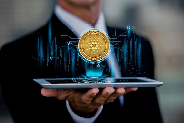 Foto gratuita plataforma cardano blockchain con tableta