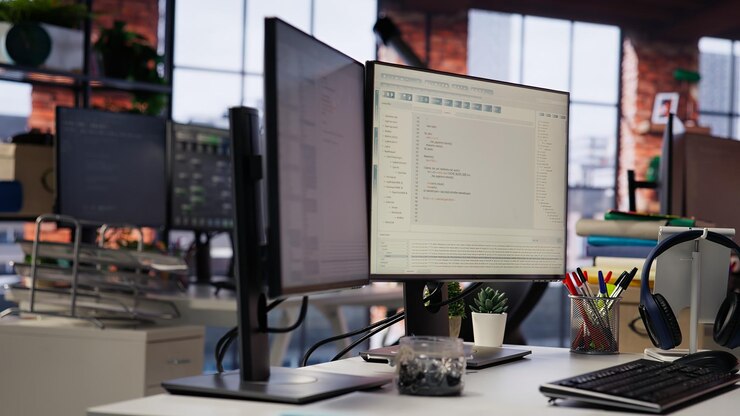 Foto gratuito plataforma de codificación en pantallas de pc en la oficina vacía de una startup de silicon valley