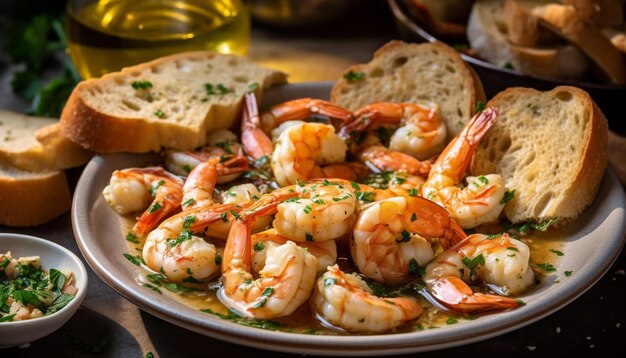 Foto gratuita plato de aperitivo de pan fresco con gambas al ajillo a la parrilla generado por ia