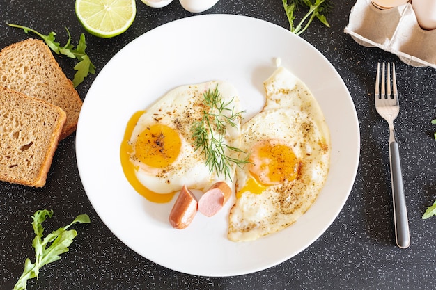 Plato blanco con huevos fritos y pan sobre una mesa negra