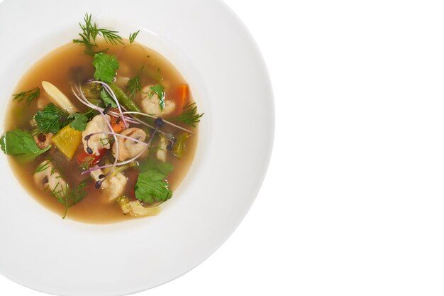 Plato blanco moderno con deliciosa sopa de verduras