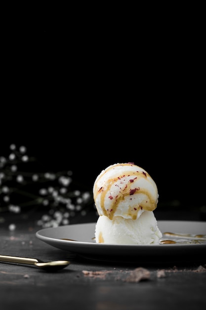 Plato con bolas de helado de vainilla en la mesa