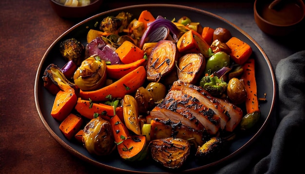 Plato de carne y verduras a la brasa sobre madera IA generativa