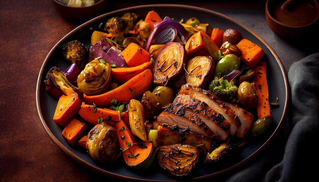 Plato de carne y verduras a la brasa sobre madera IA generativa