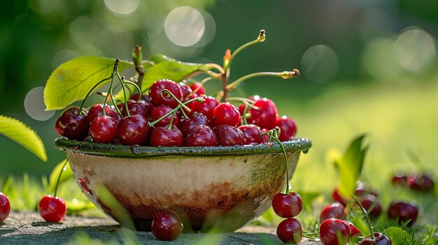 Un plato de cerezas en el jardín.