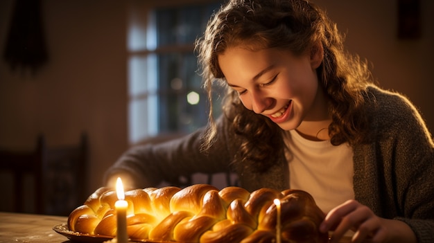 El plato de Challah para Hanukkah en la mesa