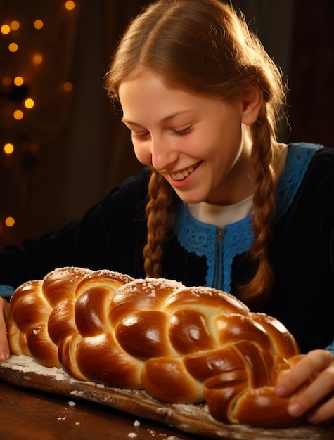 Foto gratuita el plato de challah para hanukkah en la mesa