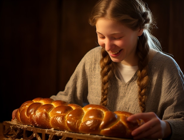 Foto gratuita el plato de challah para hanukkah en la mesa