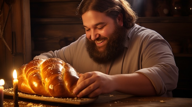 Foto gratuita el plato de challah para hanukkah en la mesa