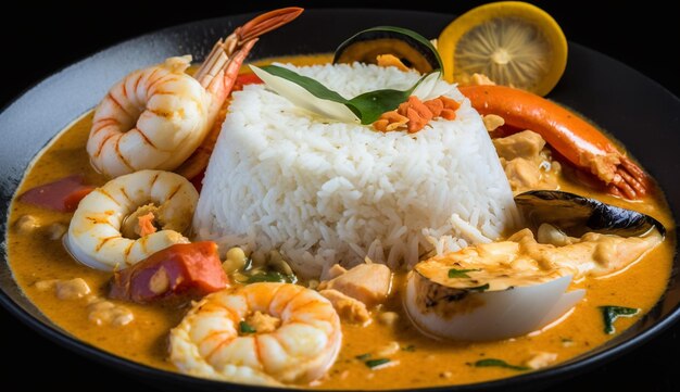 Un plato de comida con camarones y arroz.