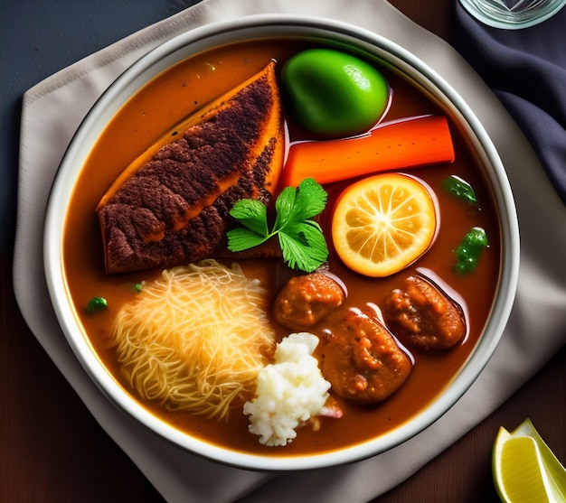 Foto gratuita un plato de comida con una cuchara y un vaso de agua al lado.