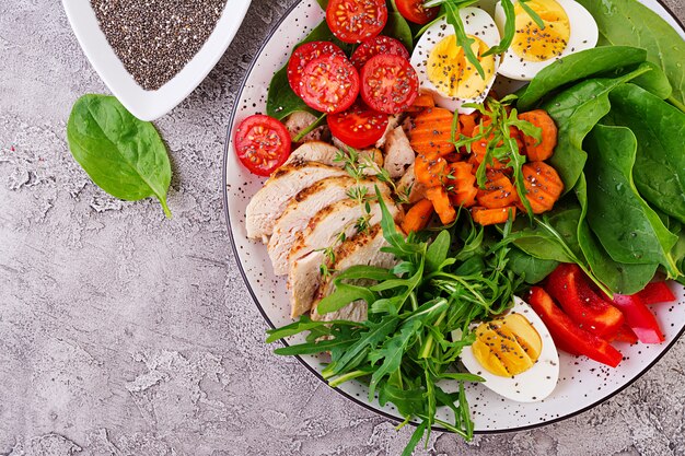 Plato con una comida de dieta ceto. Tomates cherry, pechuga de pollo, huevos, zanahoria, ensalada con rúcula y espinacas. Keto almuerzo. Vista superior