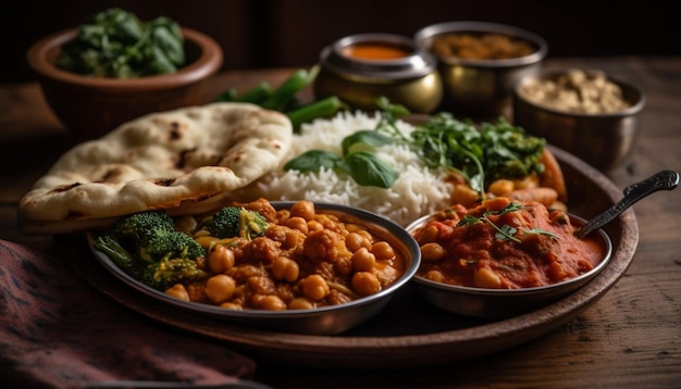 Un plato de comida con diferentes platos que incluyen garbanzos, espinacas y espinacas.