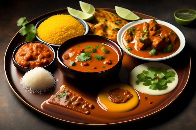 Un plato de comida con diferentes platos que incluyen pollo, arroz y otros alimentos.