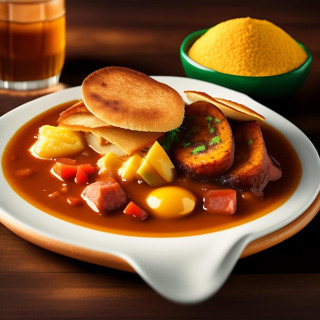 Un plato de comida con un montón de pan y un vaso de jugo de naranja.