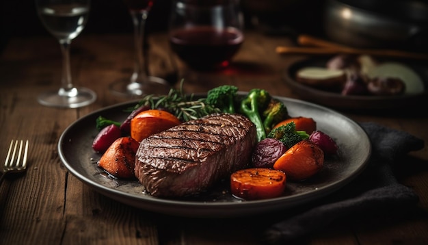 Foto gratuita un plato de comida con un plato de carne y verduras.