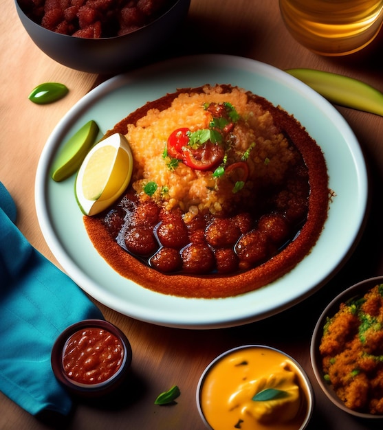 Un plato de comida con una servilleta azul al lado y un plato de comida.