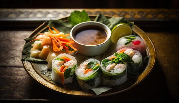 Un plato de comida vietnamita con un plato de salsa para mojar