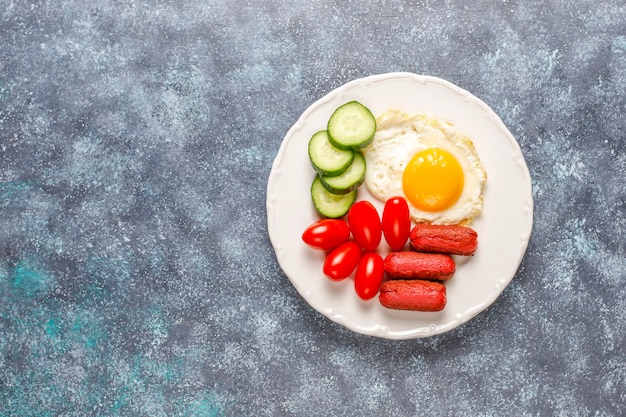 Un plato de desayuno que contiene salchichas tipo cóctel, huevos fritos, tomates cherry, dulces, frutas y un vaso de jugo de durazno.