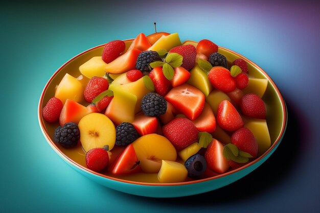 Un plato de ensalada de frutas con un fondo azul.