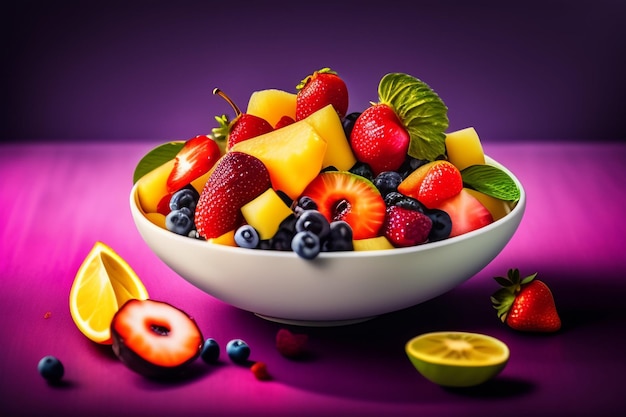 Un plato de ensalada de frutas con un fondo morado.