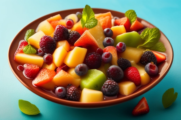 Un plato de ensalada de frutas con hojas de menta sobre la mesa.