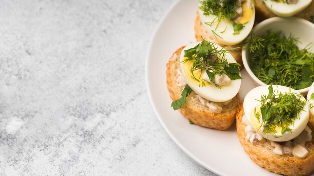 Plato de espacio de copia con aperitivo de huevos