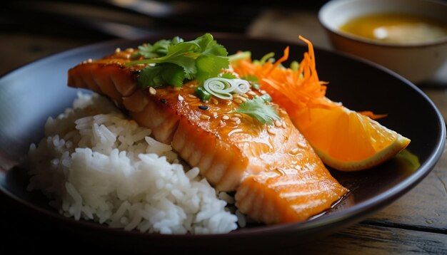 Plato de filete de sashimi de comida japonesa gourmet generado por IA