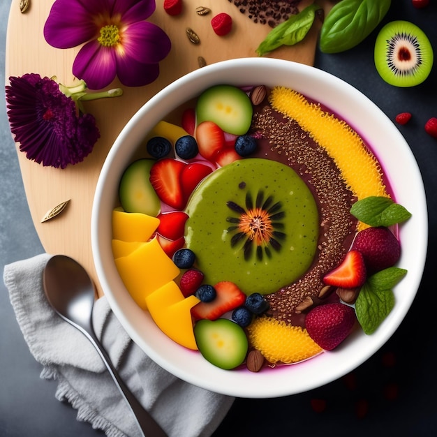 Foto gratuita un plato de fruta con una cuchara al lado que dice kiwi