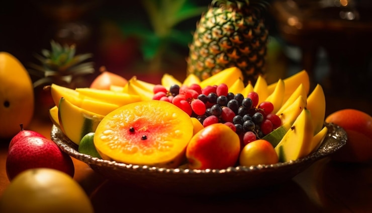Foto gratuito un plato de fruta con fondo de frutas.