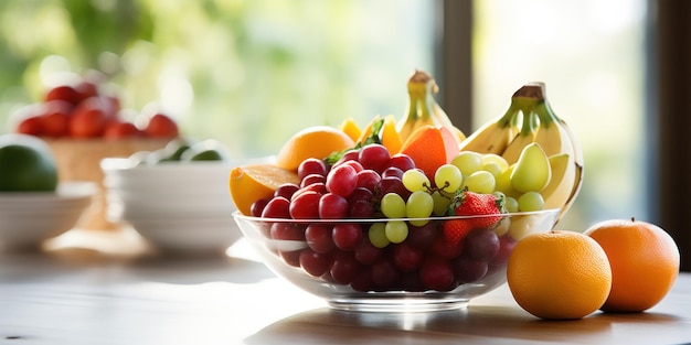 Foto gratuita un plato de fruta fresca en foco con un comedor en la parte trasera