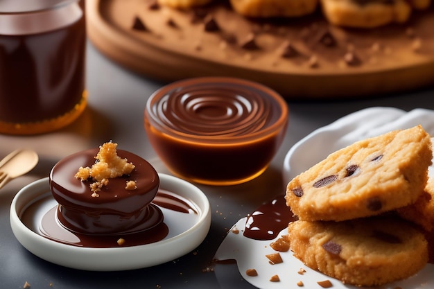 Un plato de galletas con trocitos de chocolate y un tarro de salsa de chocolate.