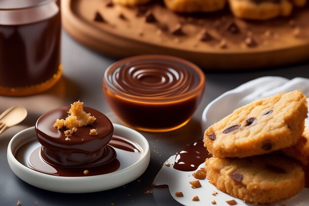 Un plato de galletas con trocitos de chocolate y un tarro de salsa de chocolate.