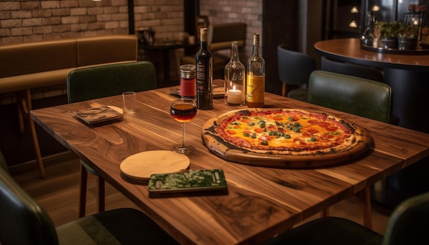 Foto gratuita plato de madera con pizza gourmet y vino generado por ia