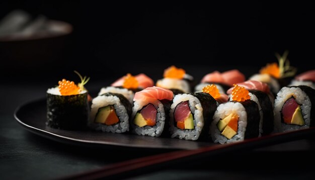 Plato de marisco fresco Maki sushi nigiri sashimi generado por IA