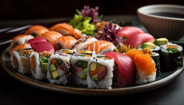 Plato de marisco fresco con maki sushi roll generado por IA