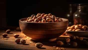 Foto gratuita un plato de nueces sobre una mesa con un fondo oscuro