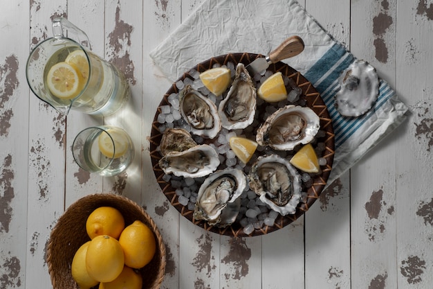 Foto gratuita plato de ostras con cítricos y cubitos de hielo