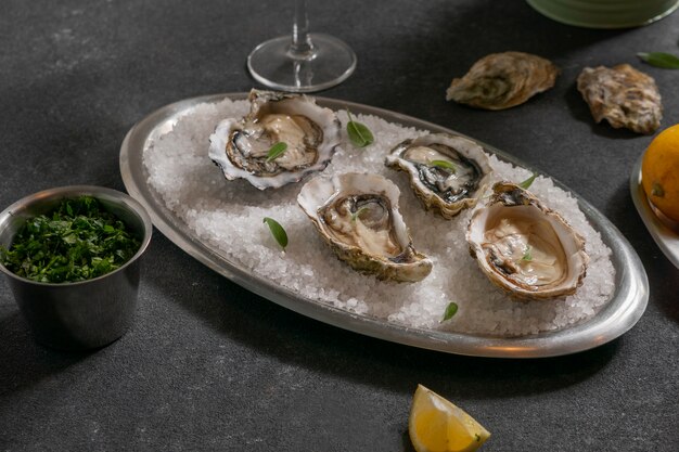 Foto gratuita plato de ostras con cítricos y cubitos de hielo