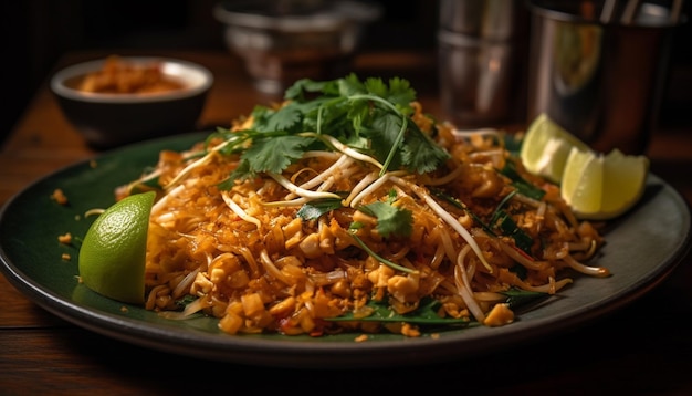 Foto gratuita un plato de pad thai con arroz y frijoles