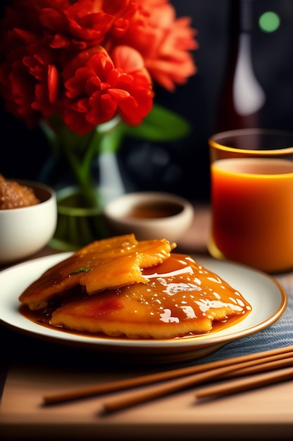 Foto gratuita un plato de panqueques con un vaso de jugo de naranja al lado.