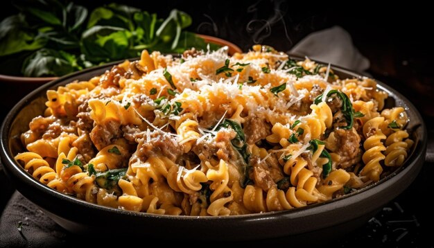 Plato de pasta casera con carne y verduras generado por IA