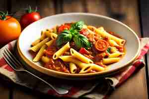 Foto gratuita un plato de pasta con salsa de tomate y hojas de albahaca