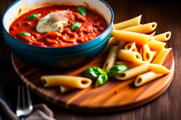 Un plato de pasta con salsa de tomate y un trozo de queso.