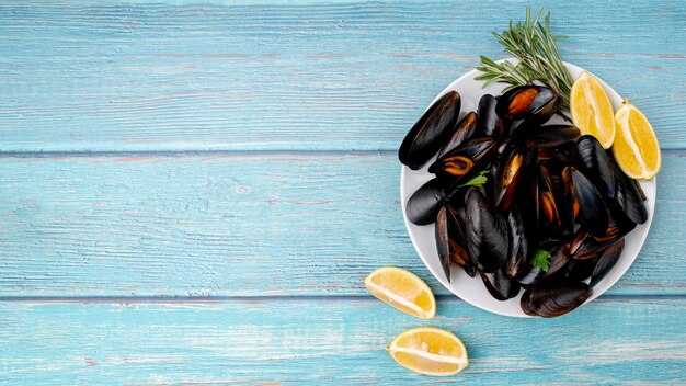 Plato plano de mejillones cocidos