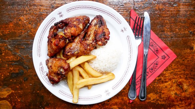 Plato de pollo en una mesa de restaurante