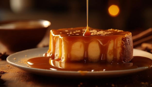 Plato de postre indulgente con caramelo de chocolate y nata generativa AI