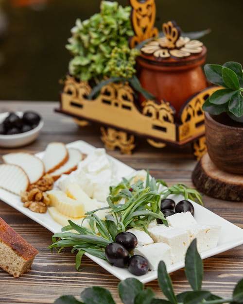 plato de queso adornado con estragón y aceituna