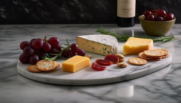 Foto gratuita plato de queso gourmet con fruta fresca y vino generado por ia