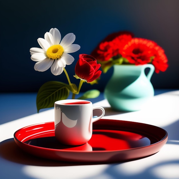 Un plato rojo con una flor blanca y un plato rojo con un plato rojo con una flor blanca.